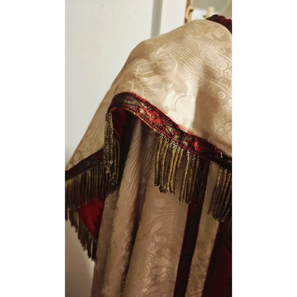 Antique Gothic Liturgical Chausable Cope Hand Painted Gold Boullion Fringe Silk